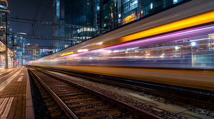 Poster - Train at night in a city driving in motion with light trails at a railway station