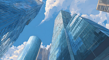 Poster - Reflective glass skyscrapers and office building blue sky and clouds background banner illustration