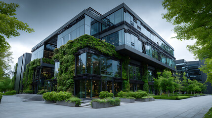 Fototapete - Modern environmentally friendly building, sustainable glass office with wood to reduce carbon footprint, office surrounded by greenery, corporate buildings reduce co2 emissions