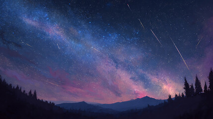 Fototapete - Milky way, galaxy view, 4k night sky, digital painting, background, star gazing, shooting stars, space drawing, illustration, colorful stars