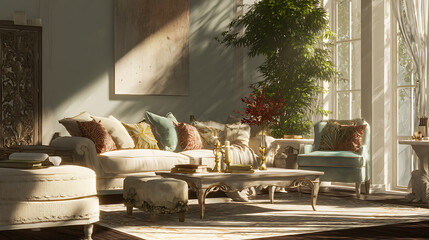 Poster - Inviting, cozy living room with plush cushions, luxurious furniture, and serene ambiance