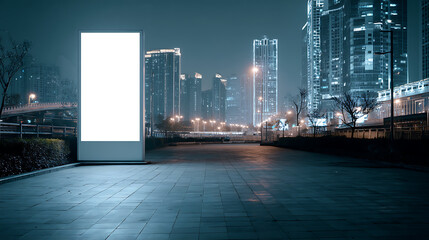 Fototapete - Blank verticle outdoor event advertisment screen for marketing purpose, empty led screen for event advertisment, white led screen mockup in city