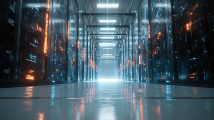 Leinwandbilder - Shot of corridor in working data center full of rack servers and supercomputers with internet connection visualization projection, technology, digital, futuristic, future