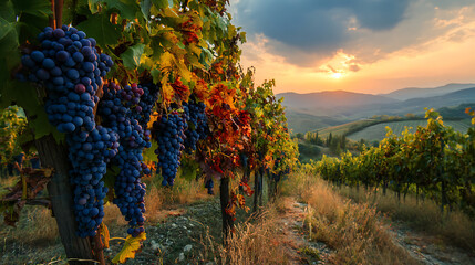 Poster - Ripe grapes in vineyard at sunset, tuscany, italy