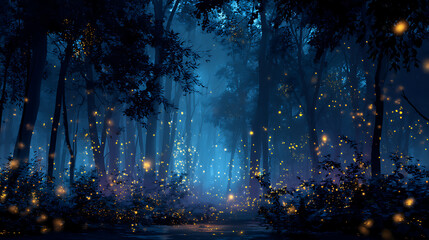 Aufkleber - Magnificent flittering fireflies flying in the night fantasy enchanted forest, fairy tale concept