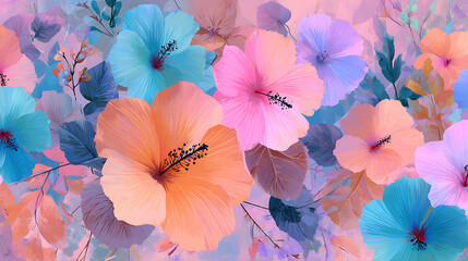 Poster - Floral background with soft pastel colors, 4k organic, colorful flowers pattern, flower illustration with leafs, beautiful abstract background or wallpaper, pink, orange, blue, peach colors