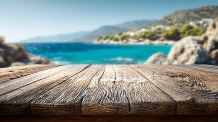Poster - Empty wooden table top with a blur view of the coastline of a gorgeous greek island, vacation concept, to mount your product, digital art