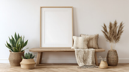 Poster - Decorative boho interior, scandinavian room decor concept, blank picture frame mockup, empty wall background