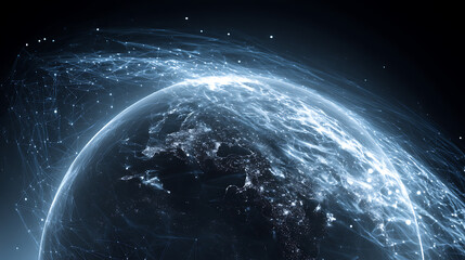 Poster - Digital data globe, abstract illustration of a scientific technology data network surrounding planet earth conveying connectivity