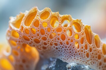 Wall Mural - Intricate honeycomb-like structure, possibly a fungus or coral, exhibiting a captivating porous texture and vibrant orange hue.