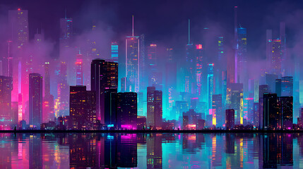 Fototapete - Metaverse city concept with glowing neon lights at night
