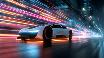 Leinwandbilder - Futuristic clean energy car driving fast with colorful light trails