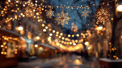 Aufkleber - Festive street decorated with warm glowing lights snowflakes blurred background winter holiday season concept
