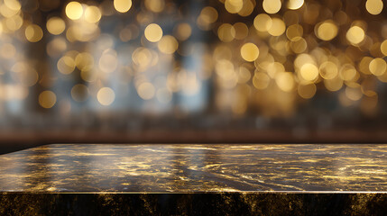 Poster - Festive background, modern empty dark gold marble table top on blurry bokeh room interior background or restaurant, holiday concept, for montage product display, digital ai art