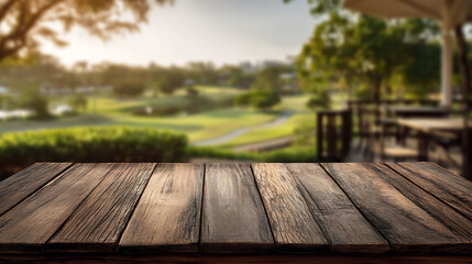 Poster - Empty wooden table top with blur background of country club