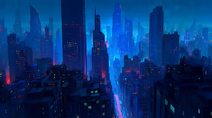 Fototapete - Empty cyberpunk city, digital painting of futuristic building, cityscape at night, metropolis, neon lighting, dystopic sad environement, digital painting, art wallpaper, technology, city skyline