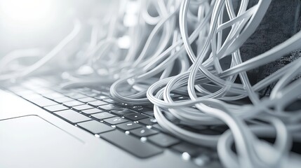 Wall Mural - tangled white cables on modern laptop keyboard technology image web data grey wire cord messy wires