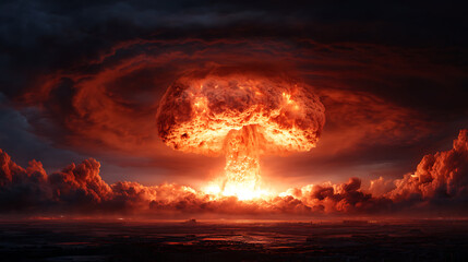 Poster - Scary big nuclear explosion with a mushroom cloud and fire in the dark, atomic weapons and the apocalypse, world war 3
