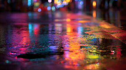 Aufkleber - Multi, colored neon lights on a dark city street, reflection of neon light in puddles and water, abstract night background, blurred bokeh light, night view colorful