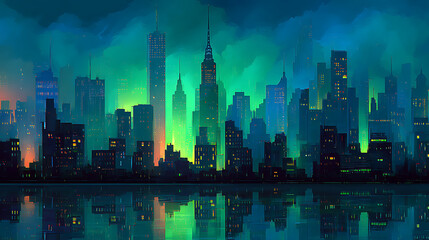 Aufkleber - Cyberpunk city skyline with green and blue neon light