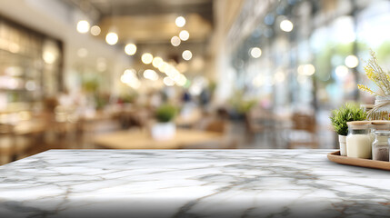 Aufkleber - White marble table top and blurred restaurant interior background with bokeh effect, can used for display or montage your products