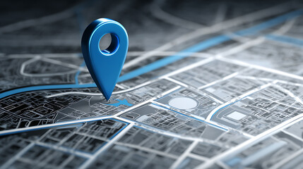 Poster - Stylized city map with blue pin highlighting a specific location for urban navigation and planning