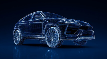 Aufkleber - Modern suv car wireframe concept in ar, augmented reality wireframe of car concept with blue background