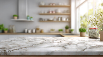 Poster - Modern empty marble table top on blurry kitchen room interior background, for montage product display, digital art