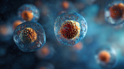 Leinwandbilder - Microscopic particles, molecules, molecular cell, close up of a mirco organism, biological illustration, science, medical, element, 3d render