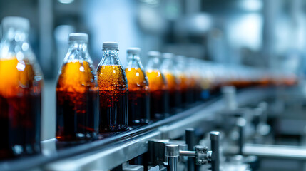 Aufkleber - Line of bottling beverages in plastic bottles on clean light factory
