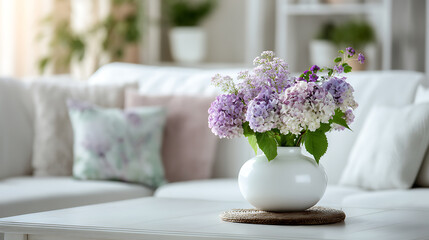 Poster - Home interior design element close up freshness flower vase on coffee table in living room with background of white colour sofa and pillow daylight cosy comfort home interior background