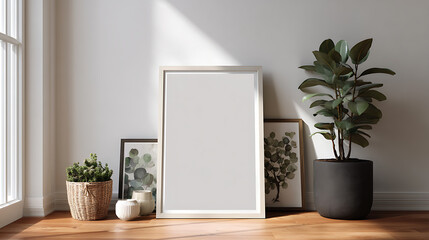 Poster - Empty wall art picture frame mockup, and potted plant