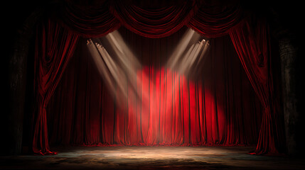 Aufkleber - Dramatic prelude, red curtain and spotlight, stage of elegance, classic theater setting, art of performance, velvet curtains and drama