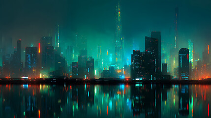 Aufkleber - Cyberpunk city skyline with green and blue neon light