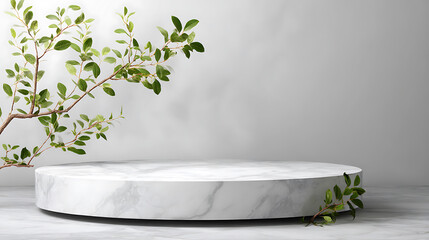 Aufkleber - White marble podium stand mock up template display showcase for product presentation with freshness nature branch tree leave with shadow