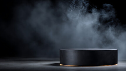 Poster - Round black podium with smoke on dark background, mock up for montage and products display