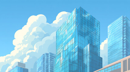 Poster - Reflective glass skyscrapers and office building blue sky and clouds background banner illustration