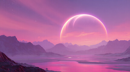 Aufkleber - Purple, pink planet synthwave landscape, 3d render, 4k wallpaper, retro futuristic vaportwave galaxy