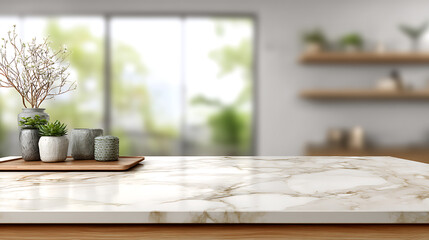 Poster - Marble table top kitchen island blurred background, for montage product display, digital ai art