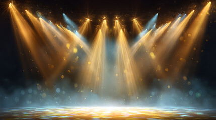Poster - Illustration center gold stage, spotlight on dazzling show, dramatic illumination, event spotlighting in night, entertainment extravaganza, bright lights at theater