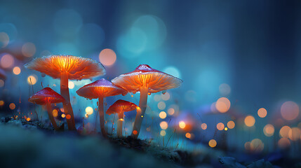 Aufkleber - Fantasy enchanted fairy tale forest with magical mushrooms, beautiful macro shot of magic mushroom, fungus, magic light, digital art