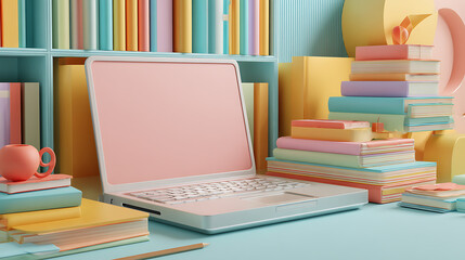 Aufkleber - E, learning online education or internet encyclopedia concept, open laptop and book compilation in a classroom, 3d illustration