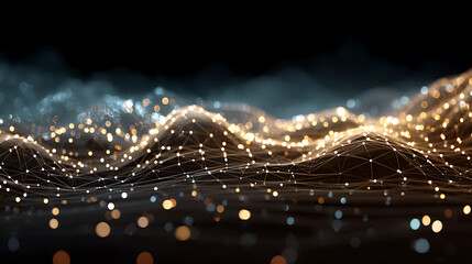 Fototapete - Data technology futuristic illustration, wave of bright particles, technological 3d landscape, big data visualization, network of dots connected by lines, abstract digital background