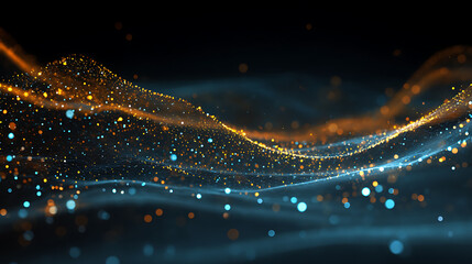 Aufkleber - Data technology futuristic illustration, wave of bright particles, technological 3d landscape, big data visualization, network of dots connected by lines, abstract digital background