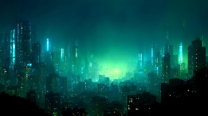 Fototapete - Cyberpunk city skyline with green and blue neon light