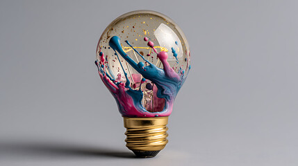 Aufkleber - Creative golden light bulb with splashes of pink and blue paint, creative idea, think differently, concept