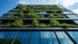 © THUA - Urban corporate building with a sleek glass facade, integrated with greenery to minimize heat and CO2, blending modern design with eco-friendliness.