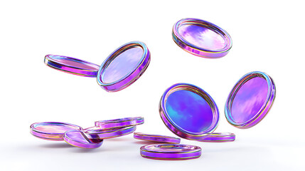 Poster - Set of flying holographic iridescent purple coins, 3d render isolated on white or