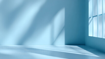 Fototapete - Minimalistic abstract light blue background with shadow and light from windows, product presentation concept