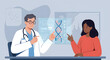 © peno - Vector Illustration. Physician And Patient Examine A Holographic Dna Model. AI-Powered Genomic Analysis Highlights Mutation Hotspots And Therapeutic Targets In Real-Time, Precision Medicine And Target